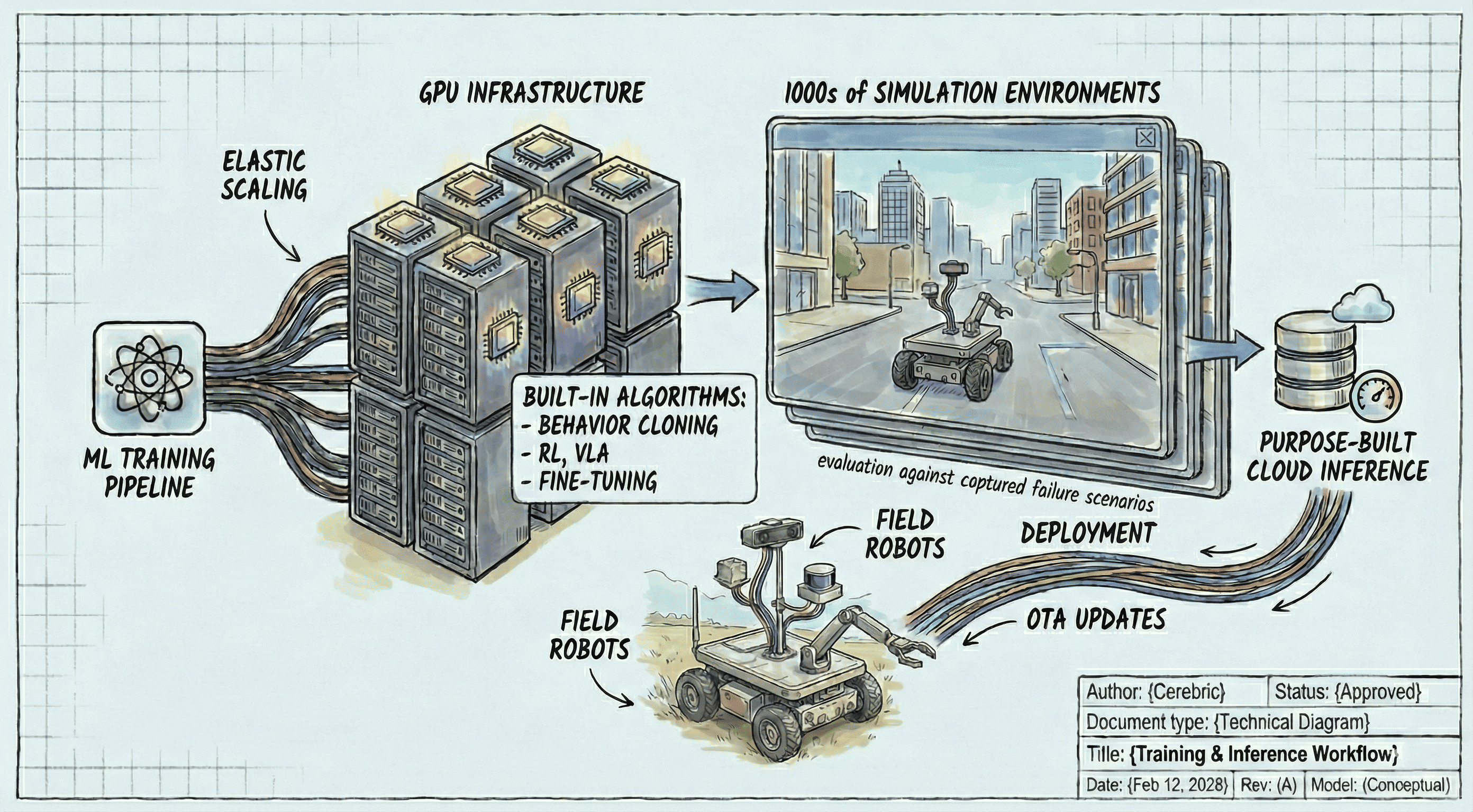 Training & Inference workflow: GPU cluster, simulated environments, and low-latency inference endpoint